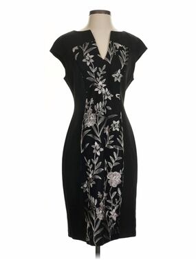 connected apparel Black Midi Dress with Silver Floral Embroidery